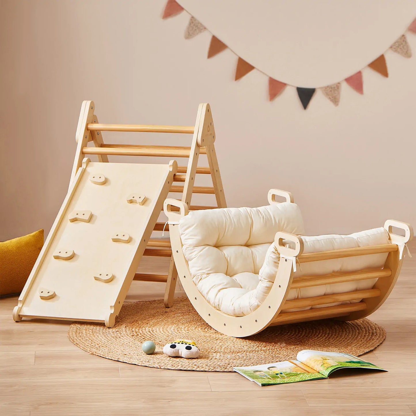 Tiny Land 7-in-1 Montessori climbing set with natural wood frame and cushioned play pad on Tampa Home & Garden Store