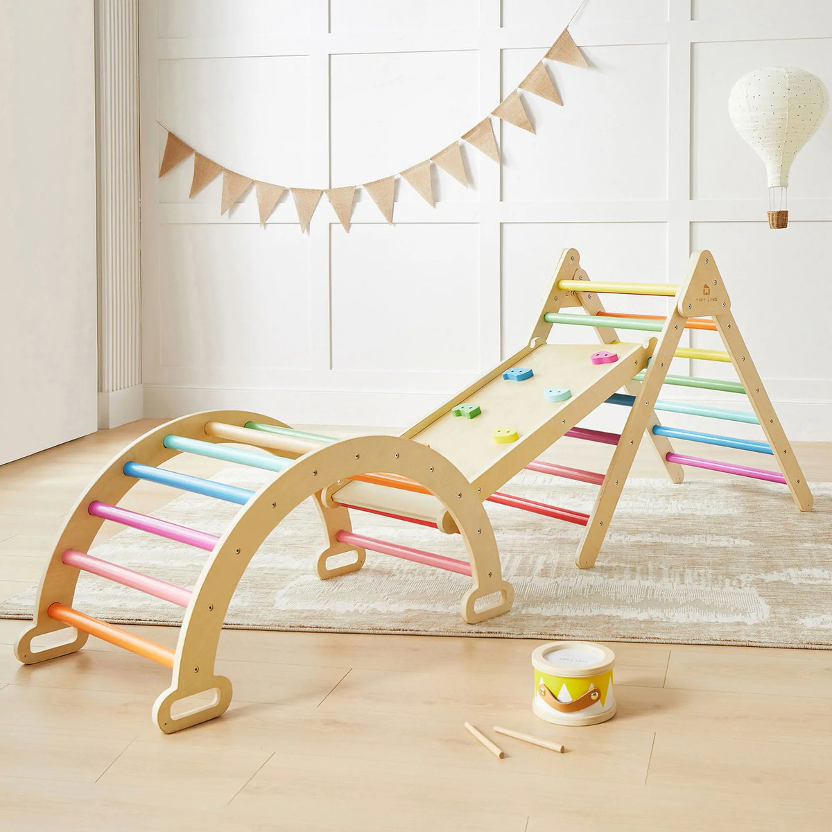 Tiny Land Pikler Triangle 7-in-1 Montessori climbing set with rainbow rungs on Tampa Home & Garden Store