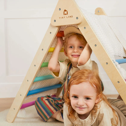 Tiny Land INC Pikler triangle 7-in-1 climbing set in natural wood with steps; children on Tampa Home & Garden Store