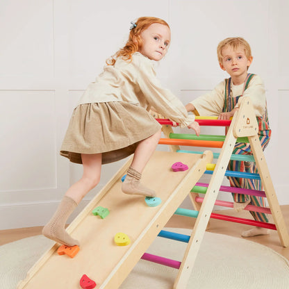 Tiny Land INC 7-in-1 Rainbow Climbing Set with Play Pad wooden toy; kids on rainbow rungs on Tampa Home & Garden Store