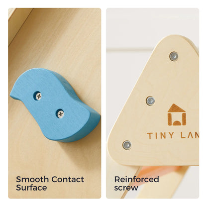 Tiny Land rainbow climbing set components: blue curved panel and beige wooden board with screws on Tampa Home & Garden Store