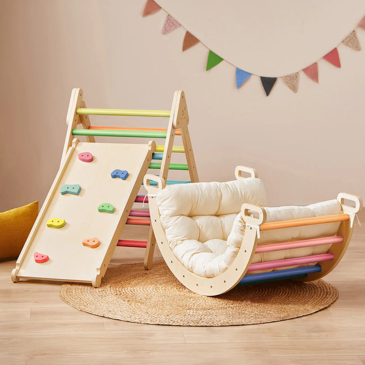 7-in-1 Rainbow Climbing Set with Play Pad, Tiny Land INC, wooden frame with pastel rainbow bars on Tampa Home & Garden Store