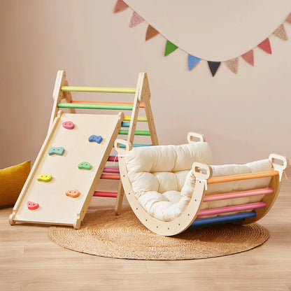 7-in-1 Rainbow Climbing Set with Play Pad, Tiny Land INC, wooden frame with pastel rainbow bars on Tampa Home & Garden Store