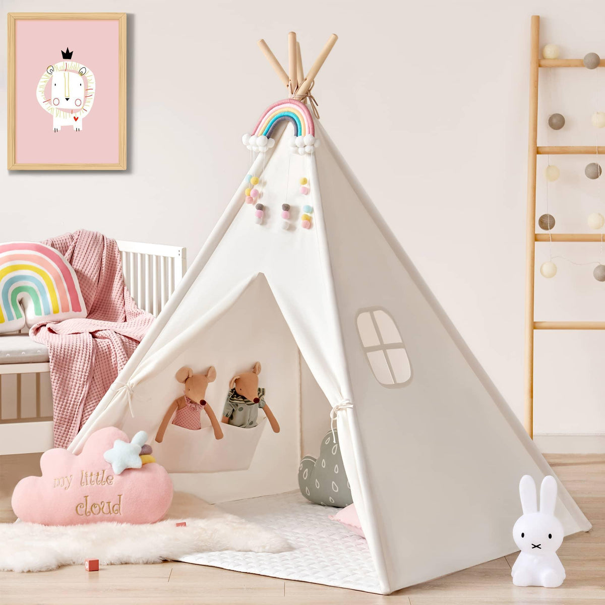 Tiny Land INC teepee tent for kids with mat, white canvas and rainbow arch in a playroom on Tampa Home & Garden Store