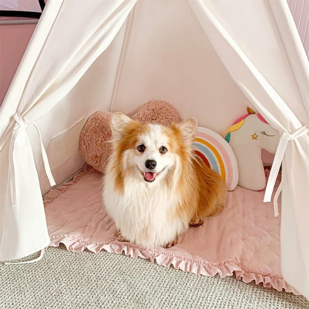 Tiny Land INC Teepee Tent with pink mat; corgi inside with unicorn rainbow cushions on Tampa Home & Garden Store