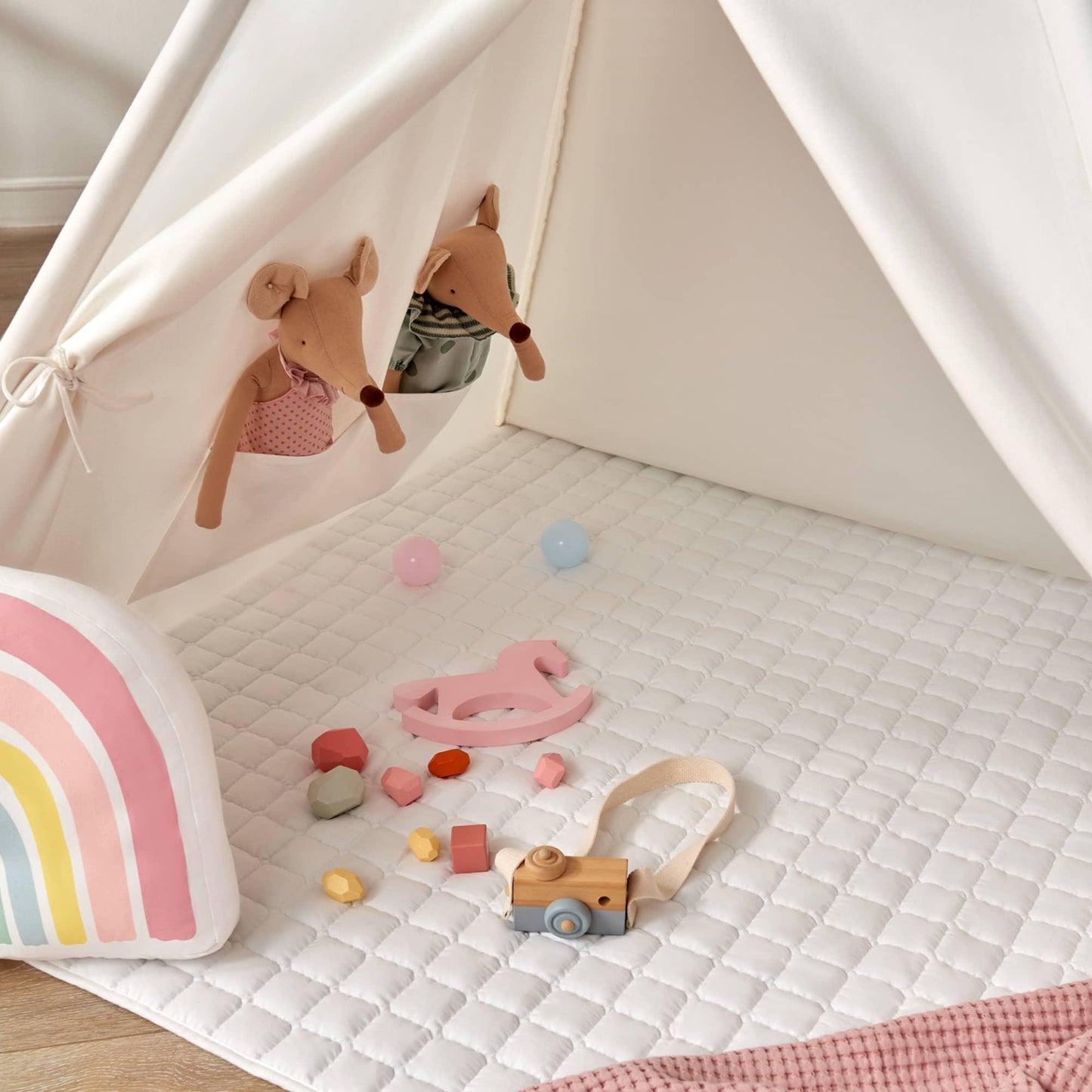 Tiny Land INC Teepee Tent for Kids with Floor Mat in cream cotton fabric with pastel plush toys on Tampa Home & Garden Store