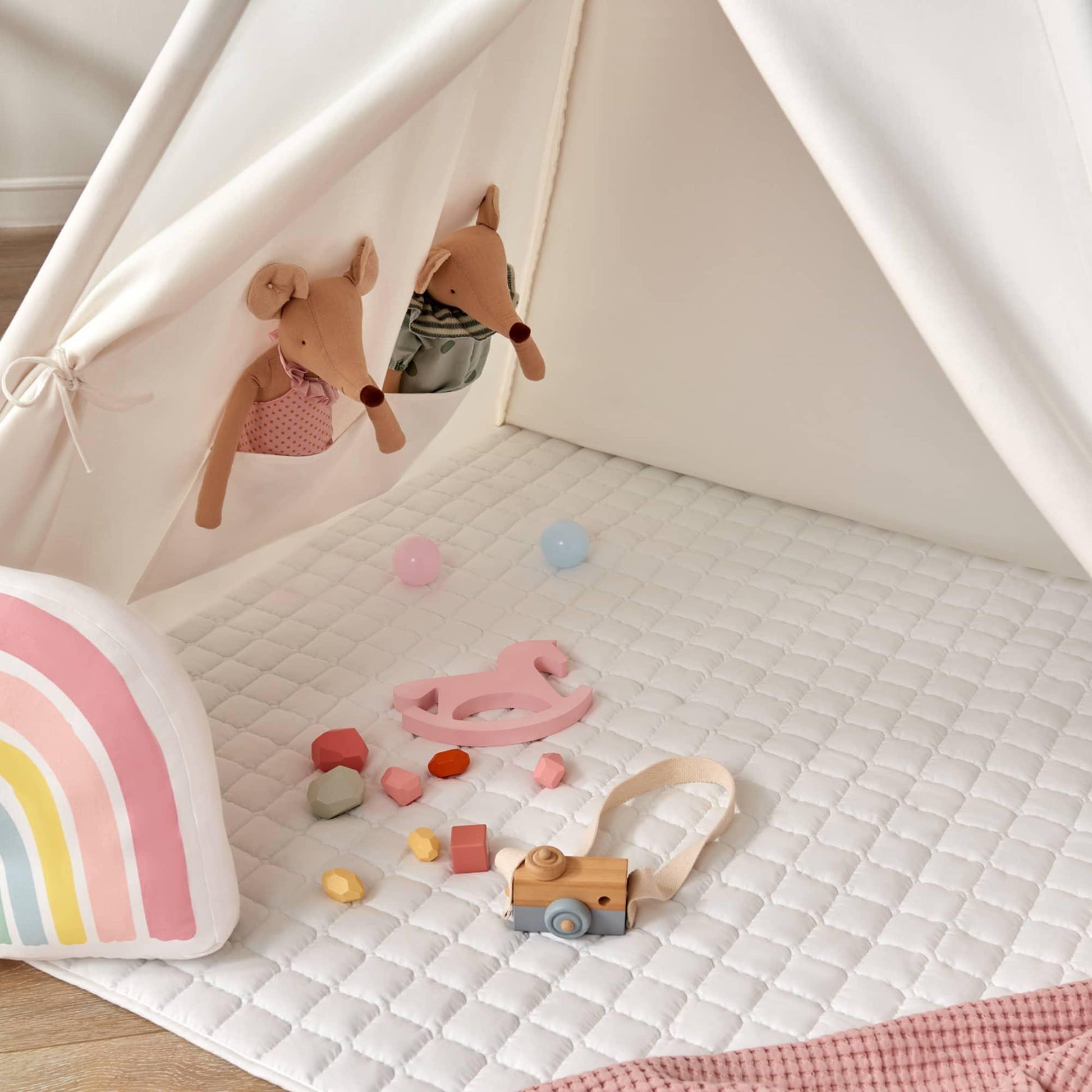 Tiny Land INC Teepee Tent for Kids with Floor Mat in cream cotton fabric with pastel plush toys on Tampa Home & Garden Store
