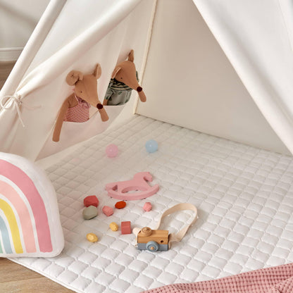 Tiny Land INC Teepee Tent for Kids with Floor Mat in cream cotton fabric with pastel plush toys on Tampa Home & Garden Store