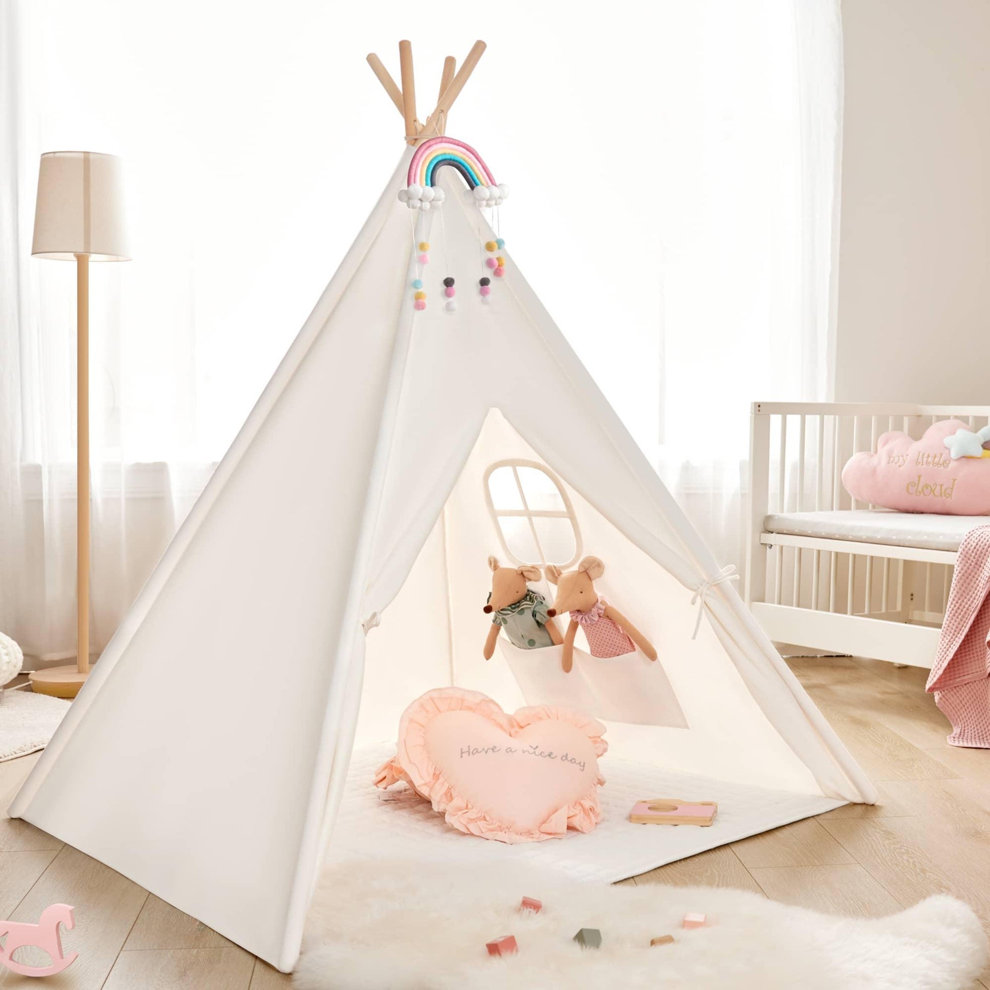 Tiny Land Teepee Tent for Kids with Floor Mat indoor play tent rainbow arch garlands on Tampa Home & Garden Store