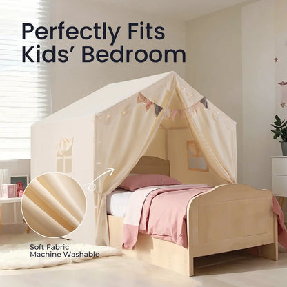 Tiny Land INC Kids Tent – Cozy Cream Tent with Star Lights over pink bed on Tampa Home & Garden Store