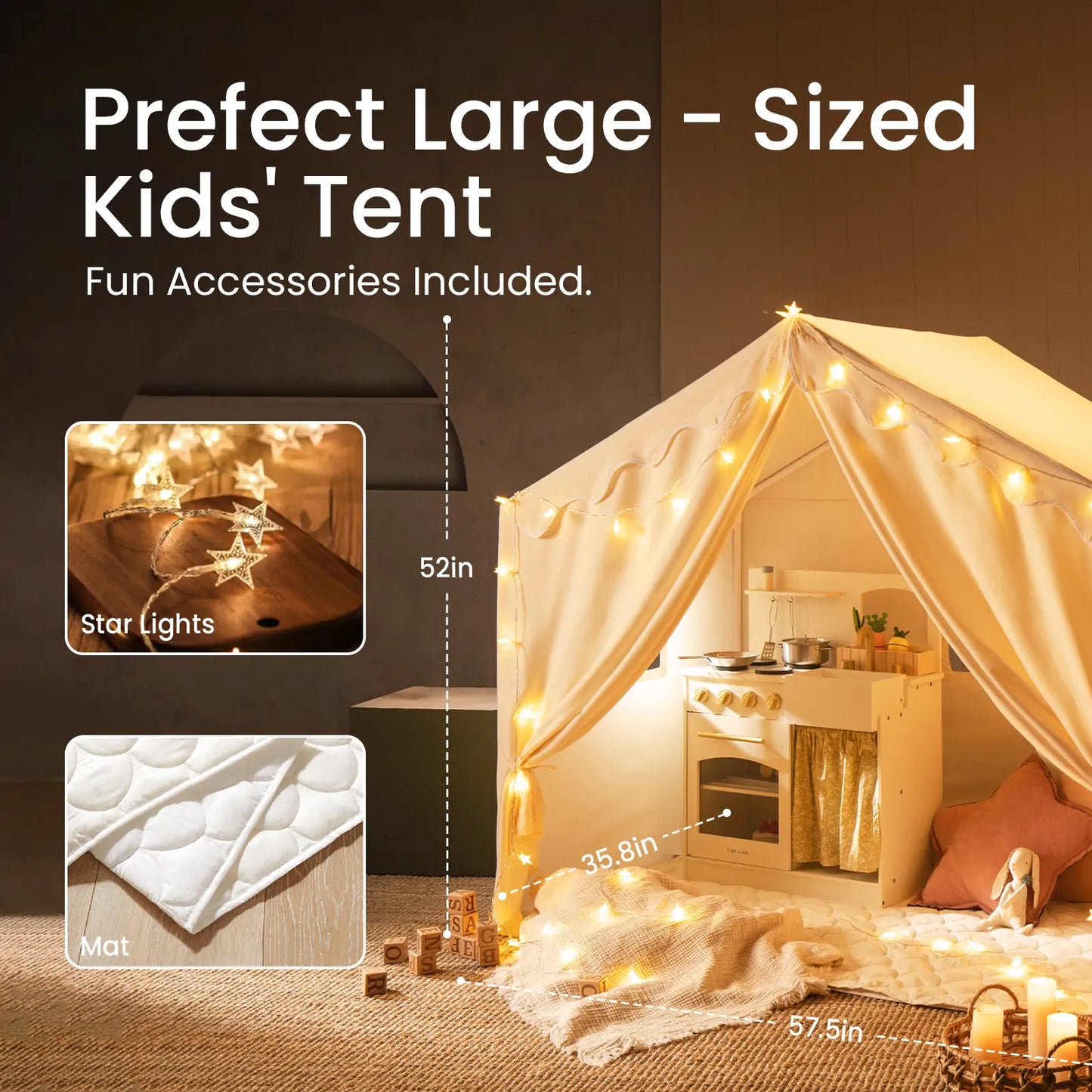 Tiny Land Kids Tent large cozy play tent with star lights in white fabric on Tampa Home & Garden Store