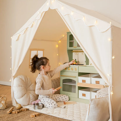 Tiny Land Kids Tent large white play house with star lights inside a green kitchen on Tampa Home & Garden Store