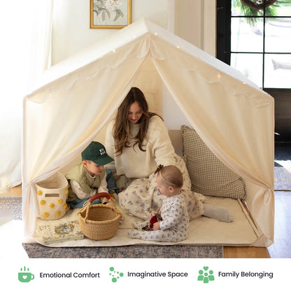 Tiny Land Kids Tent large cozy playhouse with star lights, cream fabric on Tampa Home & Garden Store