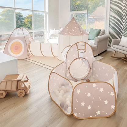 Tiny Land Discovery 5-in-1 Play Tunnel beige star fabric with wooden frame no balls included on Tampa Home & Garden Store