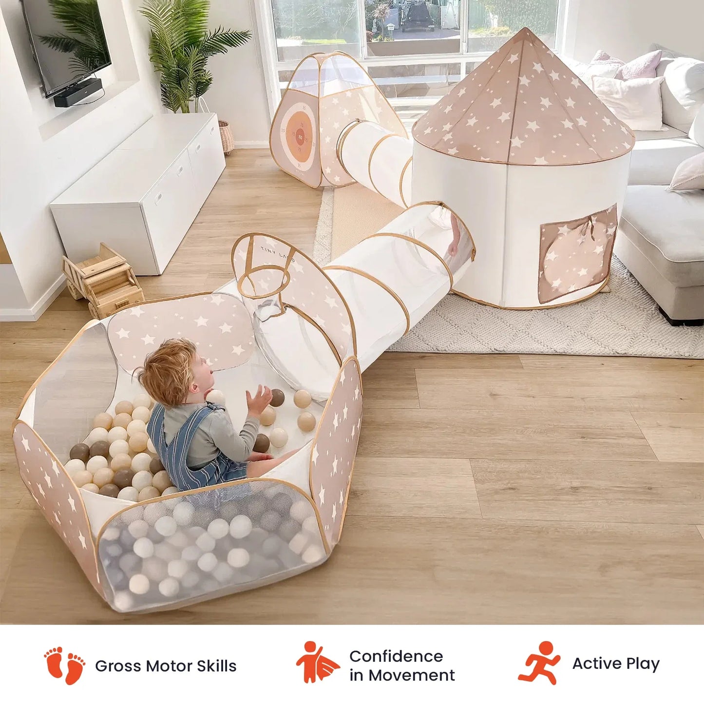 Tiny Land Discovery 5-in-1 Play Tunnel with star-pattern tents and tubes no balls included on Tampa Home & Garden Store