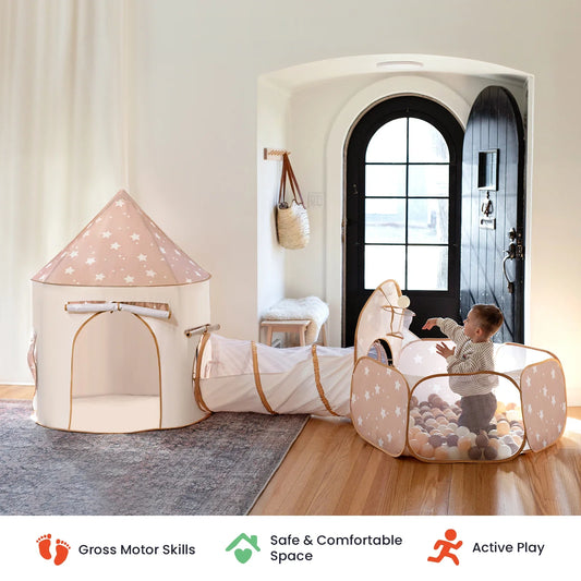 Tiny Land Compact Adventure 3-in-1 Play Tunnel pink star-pattern tent in a bright playroom on Tampa Home & Garden Store