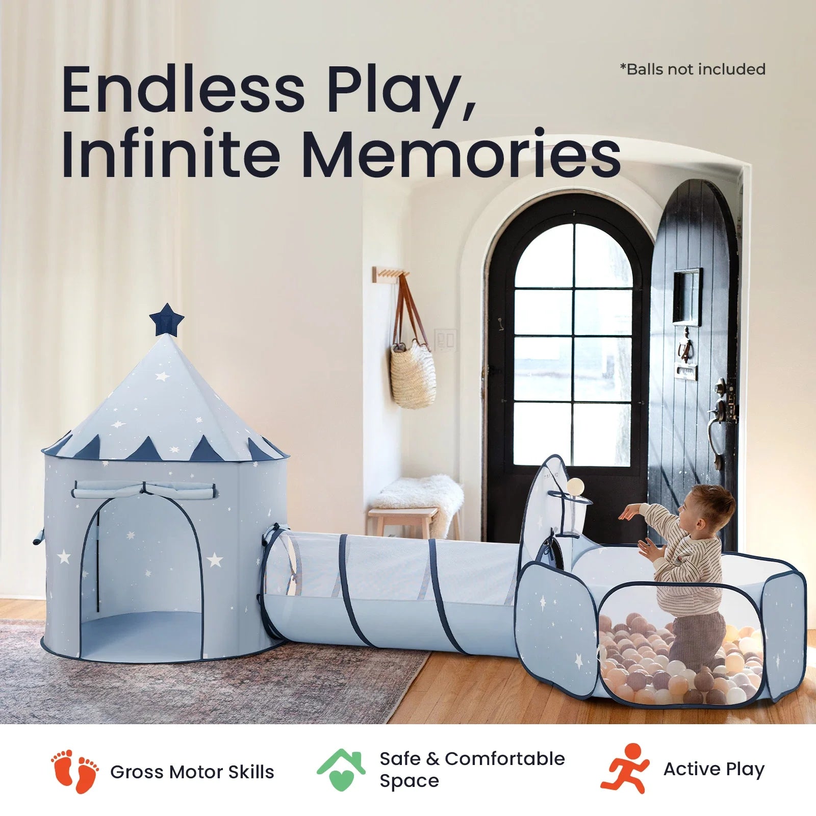 Tiny Land INC Compact Adventure 3-in-1 Play Tunnel in pale blue with castle turret and tunnel on Tampa Home & Garden Store