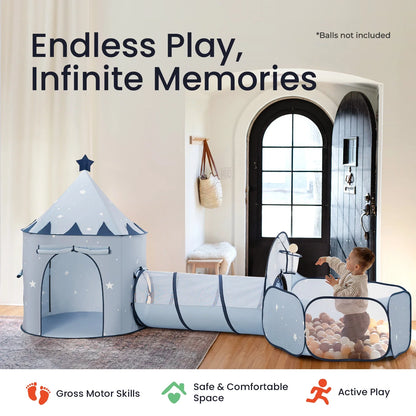 Tiny Land INC Compact Adventure 3-in-1 Play Tunnel in pale blue with castle turret and tunnel on Tampa Home & Garden Store