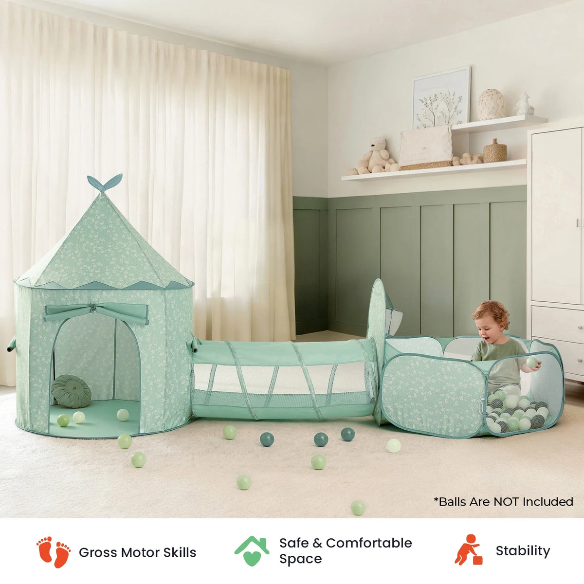Tiny Land Compact Adventure 3-in-1 Play Tunnel mint green fabric play tent with mesh panels on Tampa Home & Garden Store