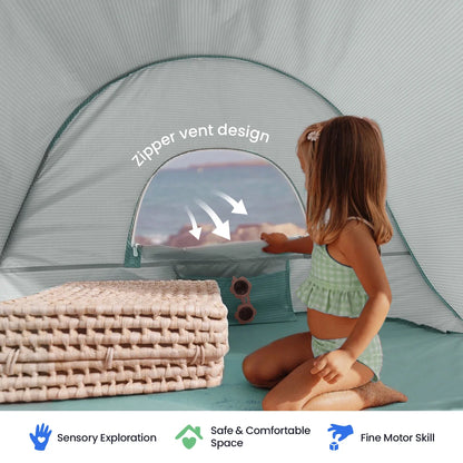 Tiny Land Beach Toy & Tent Set with teal fabric and zipper vent design; child near woven basket on Tampa Home & Garden Store