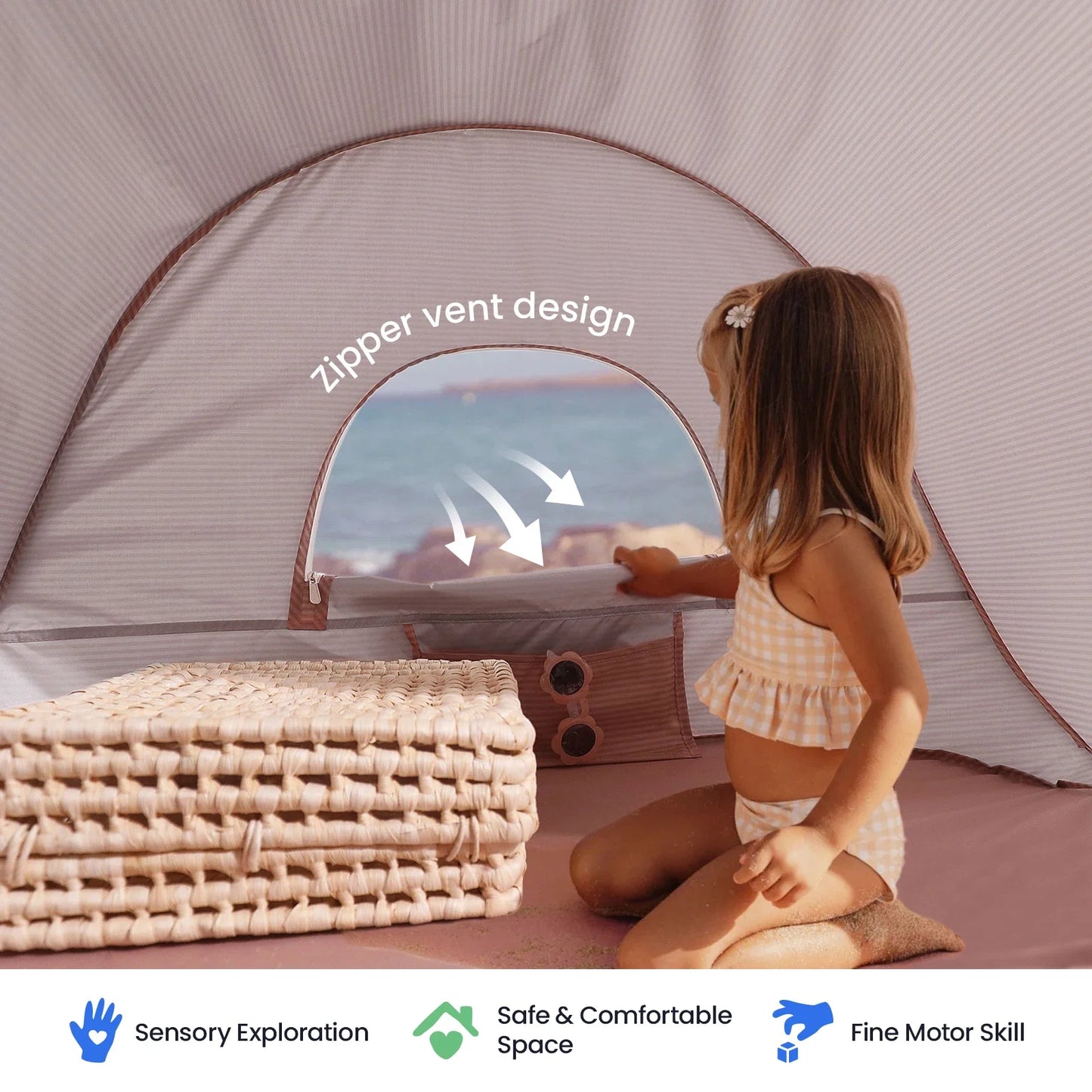 Tiny Land One-Stop Beach Toy & Tent Set by Tiny Land INC pink trim circular window on Tampa Home & Garden Store