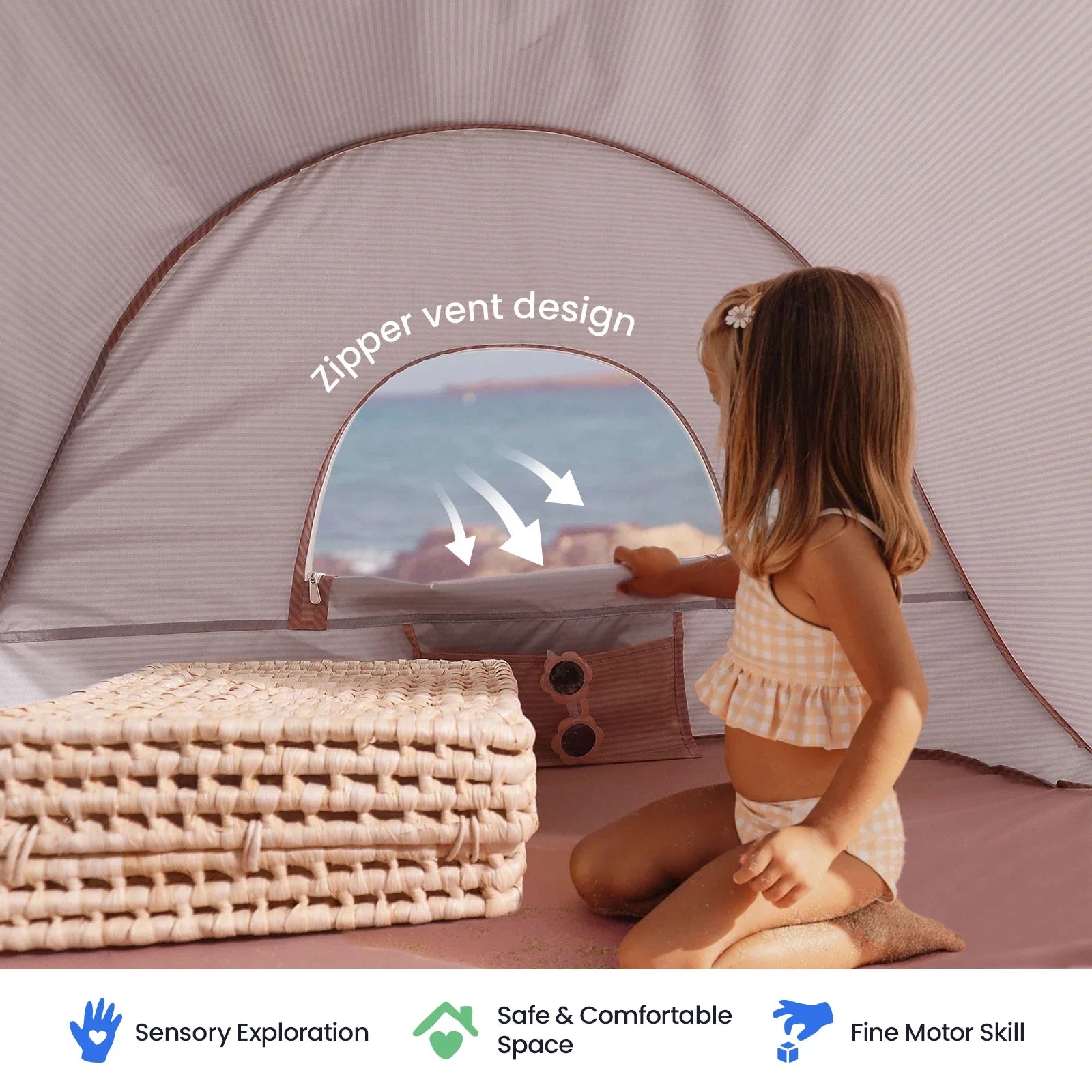Tiny Land One-Stop Beach Toy & Tent Set by Tiny Land INC pink trim circular window on Tampa Home & Garden Store