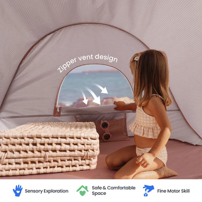 Tiny Land One-Stop Beach Toy & Tent Set by Tiny Land INC pink trim circular window on Tampa Home & Garden Store