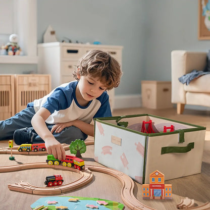 Tiny Land 110-piece train set with folding storage box; kid plays with trains on curved tracks on Tampa Home & Garden Store