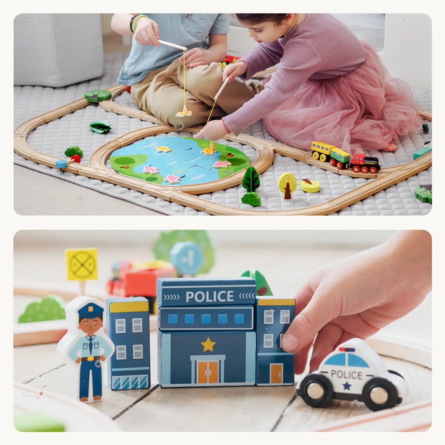 Tiny Land 110-Piece Wooden Train Set with curved tracks, colorful trains, and a pond scene on Tampa Home & Garden Store