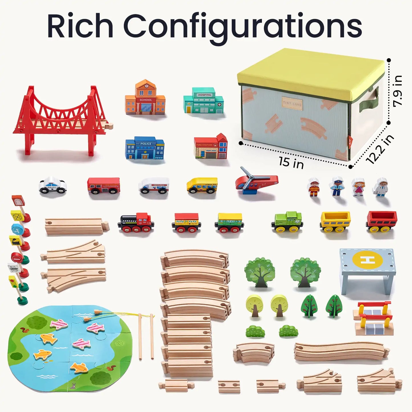 Tiny Land 110-Piece Wooden Train Set with Folding Storage Box includes red bridge and buildings on Tampa Home & Garden Store