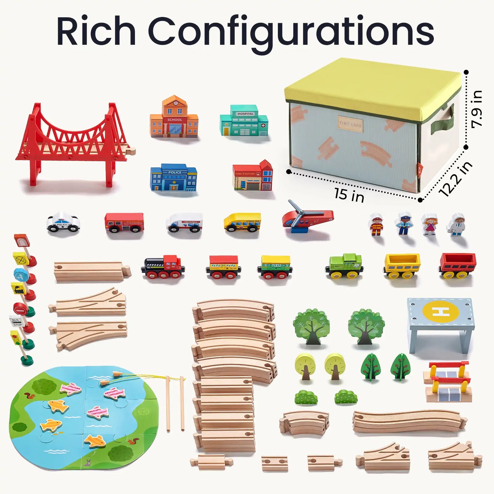 Tiny Land 110-Piece Wooden Train Set with Folding Storage Box includes red bridge and buildings on Tampa Home & Garden Store