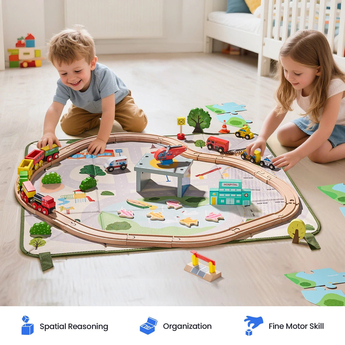Tiny Land 110-Piece wooden train set with folding storage box on track on Tampa Home & Garden Store
