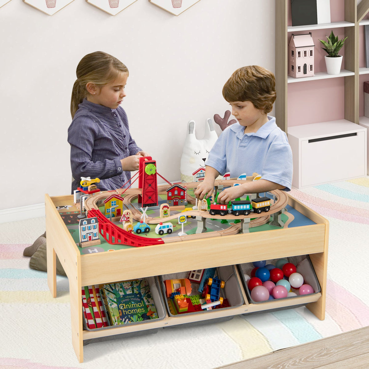 Wooden Train Table for Kids Red multipurpose play with colorful train set DirectDeals on Tampa Home & Garden Store