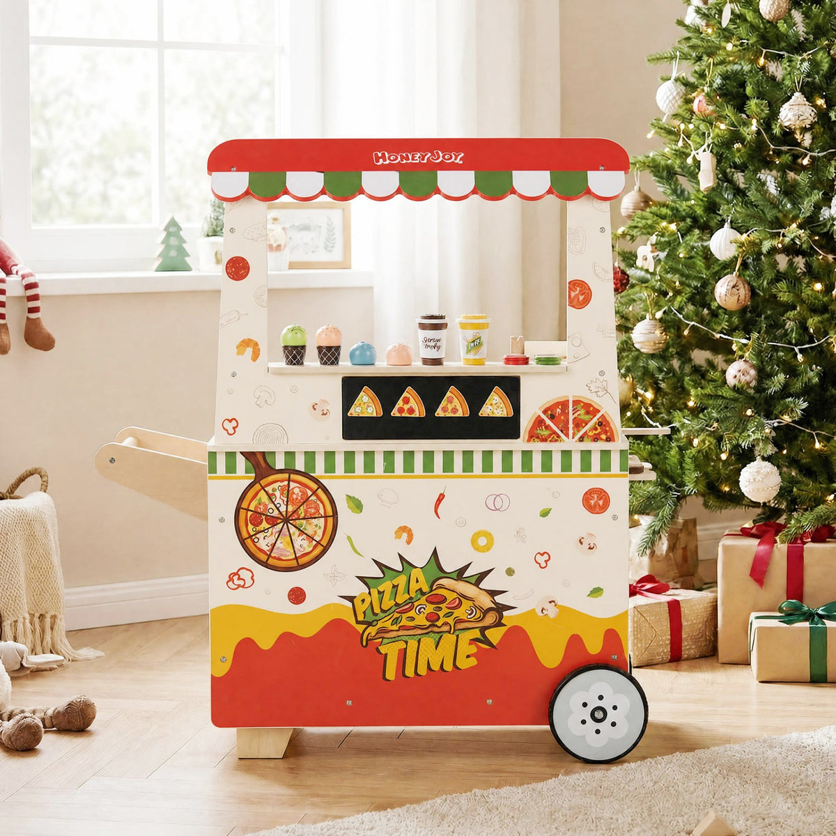 Kids pizza truck pretend play cart with red canopy, pizza slices and toppings by HoneyJoy on Tampa Home & Garden Store