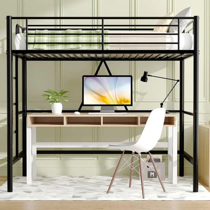 Cama alta individual de metal negro con escalera - Diseño que ahorra espacio