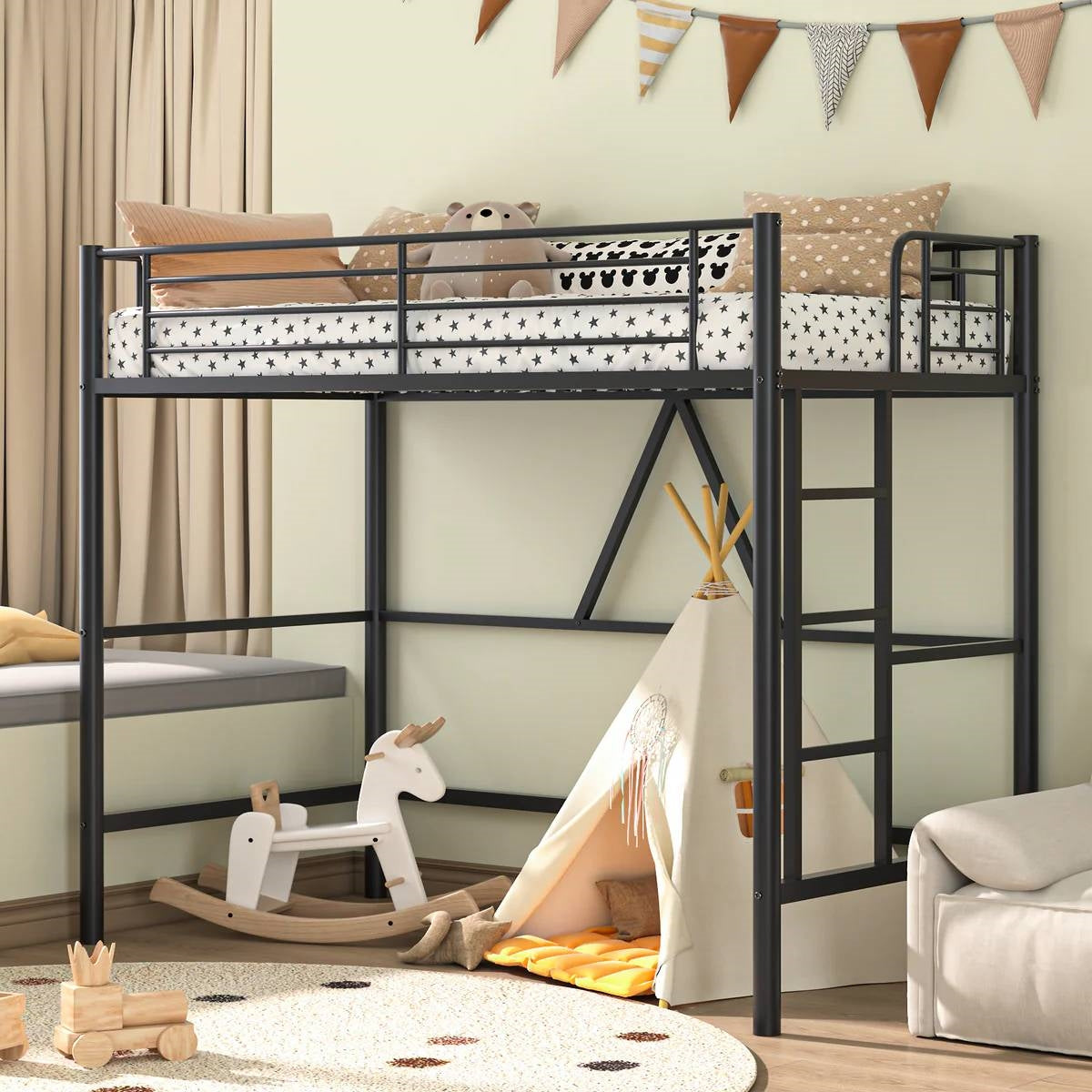 Cama alta individual de metal negro con escalera - Diseño que ahorra espacio