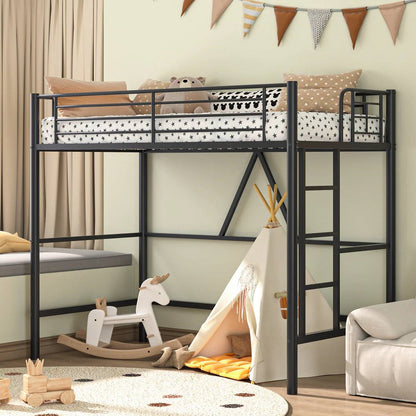 Cama alta individual de metal negro con escalera - Diseño que ahorra espacio