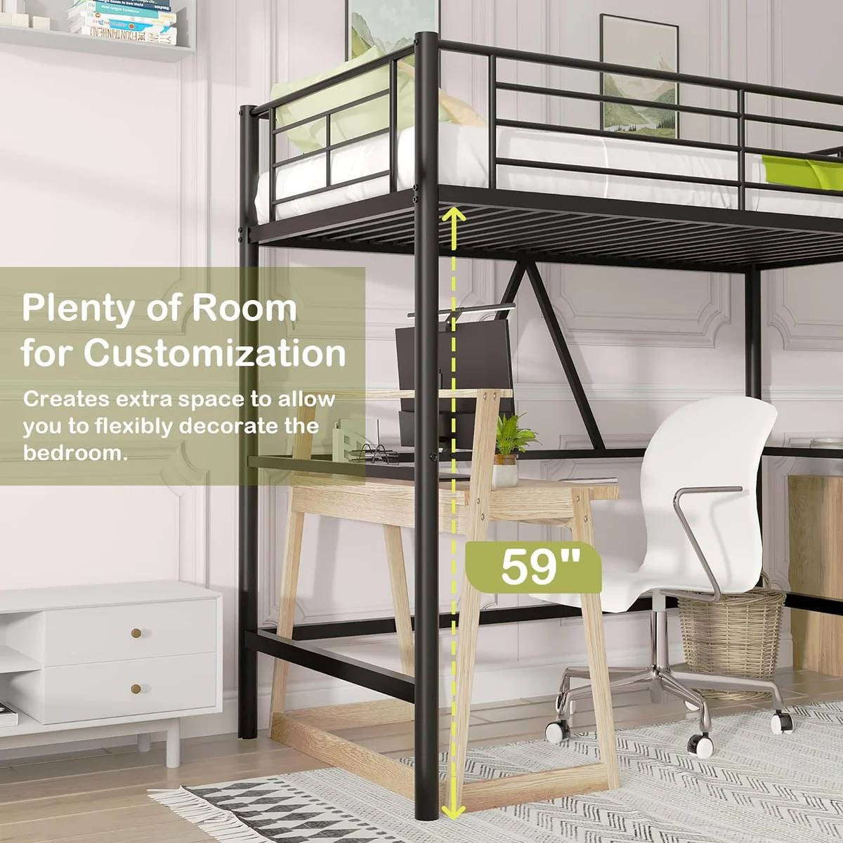 Cama alta individual de metal negro con escalera - Diseño que ahorra espacio