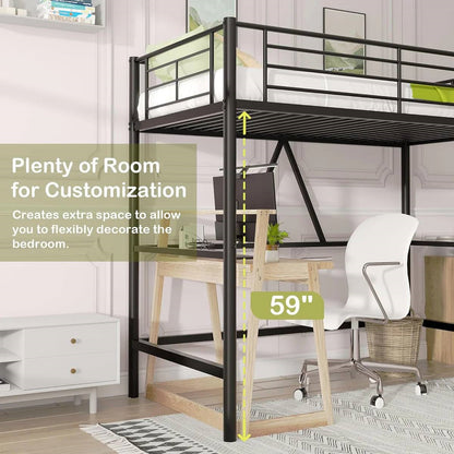 Cama alta individual de metal negro con escalera - Diseño que ahorra espacio