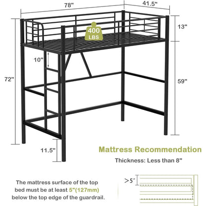 Cama alta individual de metal negro con escalera - Diseño que ahorra espacio