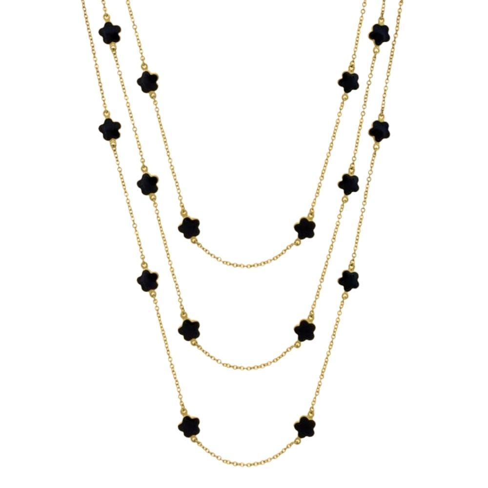 Daisy Love Necklace 48-inch gold-tone multi-strand beaded flower necklace with black flower beads on Tampa Home & Garden Store