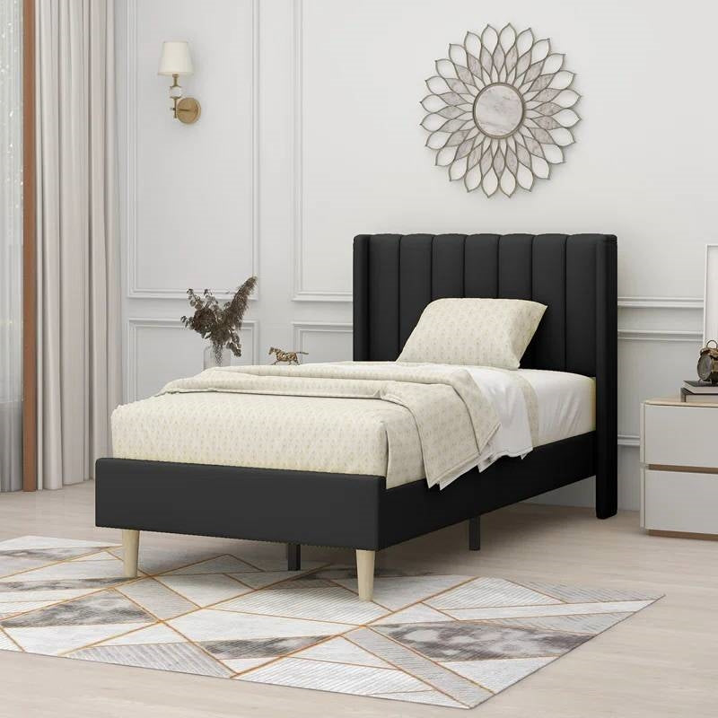 Base de cama tamaño individual con plataforma tapizada en lino negro de mediados de siglo con cabecero