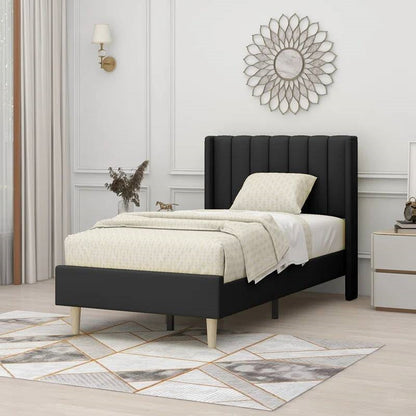 Base de cama tamaño individual con plataforma tapizada en lino negro de mediados de siglo con cabecero