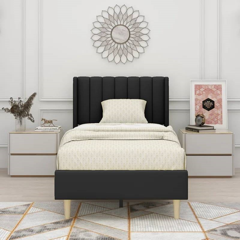 Base de cama tamaño individual con plataforma tapizada en lino negro de mediados de siglo con cabecero