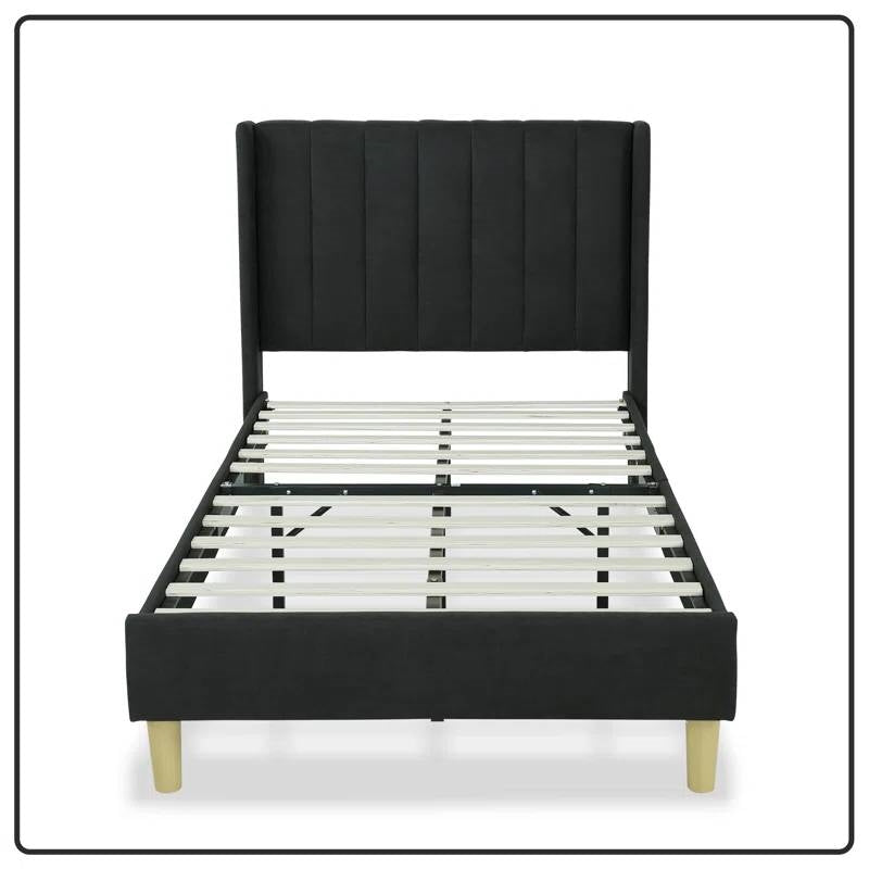 Base de cama tamaño individual con plataforma tapizada en lino negro de mediados de siglo con cabecero