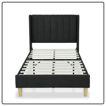 Base de cama tamaño individual con plataforma tapizada en lino negro de mediados de siglo con cabecero