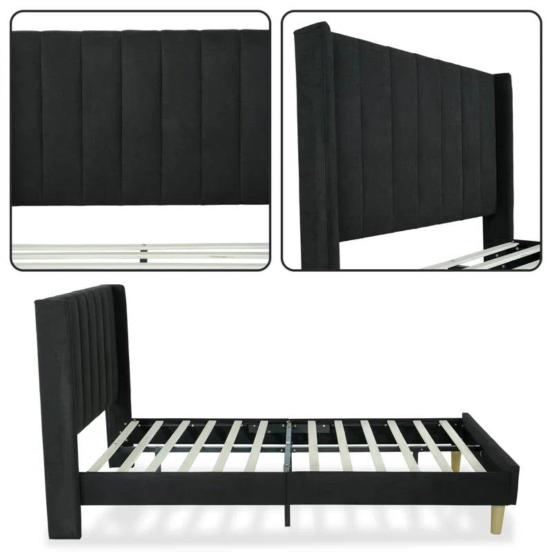 Base de cama tamaño individual con plataforma tapizada en lino negro de mediados de siglo con cabecero