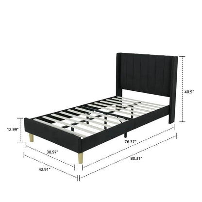 Base de cama tamaño individual con plataforma tapizada en lino negro de mediados de siglo con cabecero