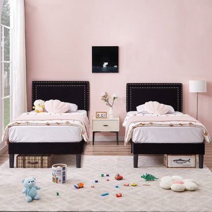 Juego de 2 - Cama de plataforma tapizada con cabecero capitoné negro estilo dormitorio individual