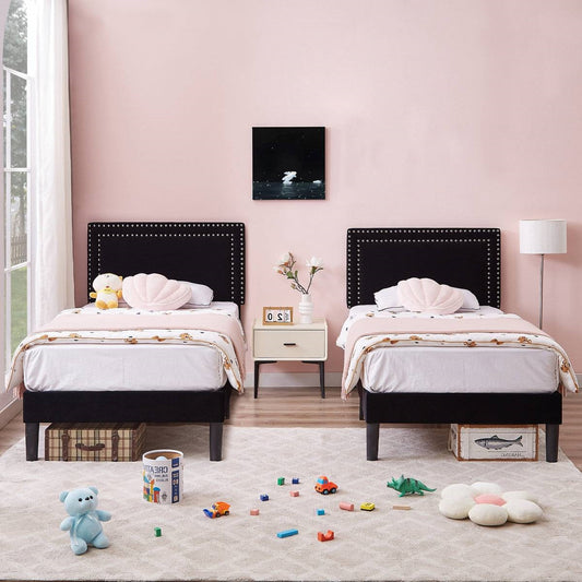 Set of 2 - Twin Dorm Style Black Tufted Upholstered Platform Bed with Headboard - Tampa Home & Garden Store